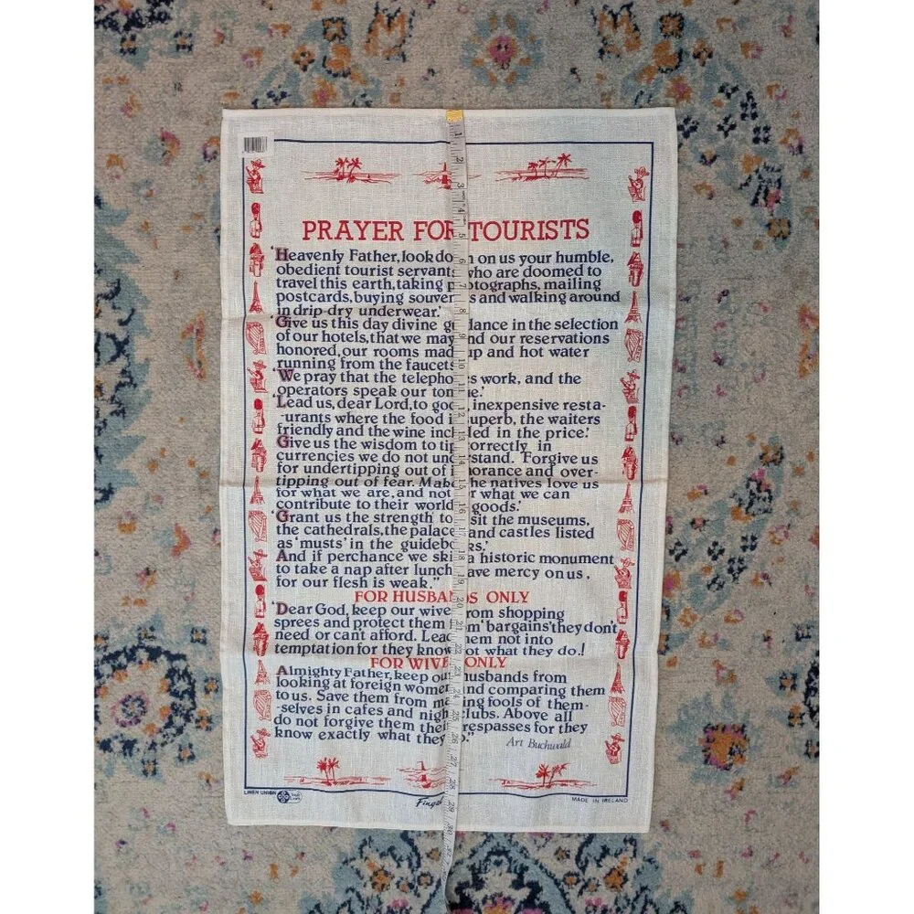 Vintage Fingal Irish Linen Souvenir Tea Towel Prayer for Tourists - Art Buchwald
